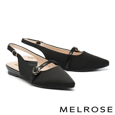 低跟鞋 MELROSE 美樂斯 氣質花朵釦拼接萊卡布後繫帶尖頭低跟鞋－黑