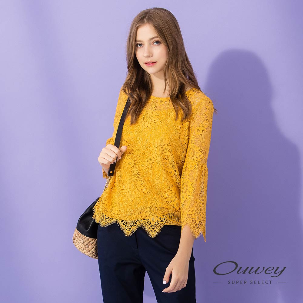 OUWEY歐薇 花卉蕾絲寬版兩件式上衣(黃)