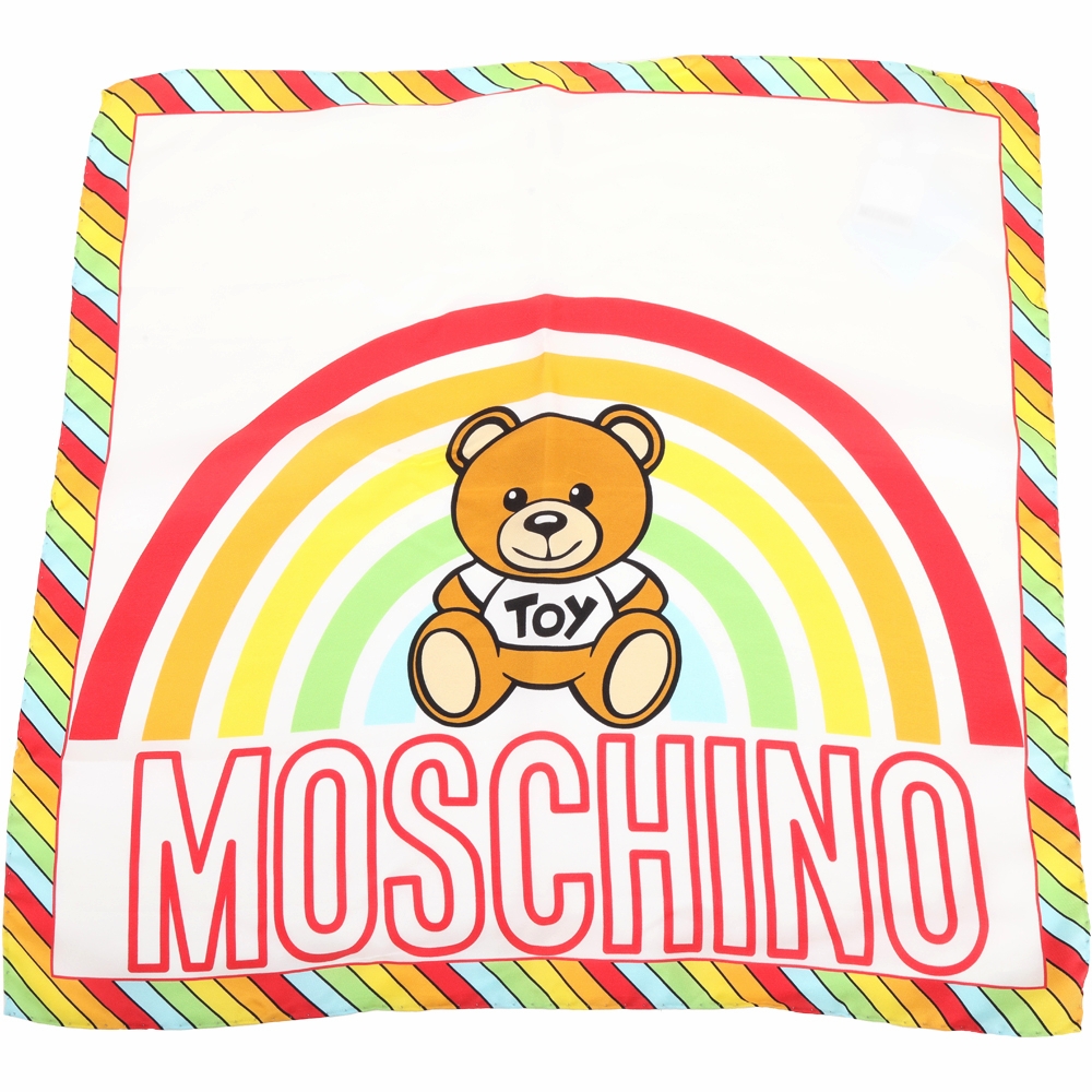 MOSCHINO 彩虹泰迪熊字母印花白底真絲方巾 領巾(50x50)