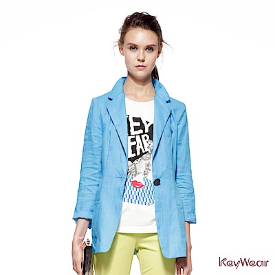 KeyWear奇威名品     100%苧麻俐落修身長袖外套-水藍色