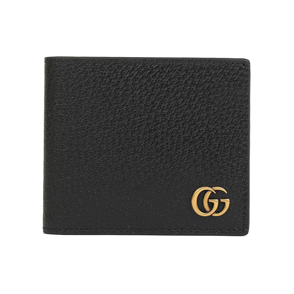 GUCCI Marmont 牛皮紋黃銅LOGO對折八卡夾(黑色)