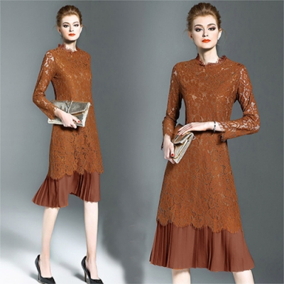 【KEITH-WILL】巴黎時尚蕾絲簍空拼接三宅壓折風洋裝