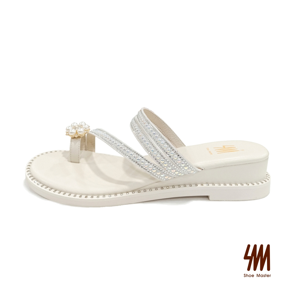 SM 優雅氣質珍珠鑽楔型拖鞋-米白色