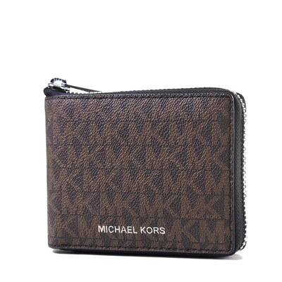 MICHAEL KORS 男款 緹花LOGO防刮零錢袋拉鍊短夾-咖啡色