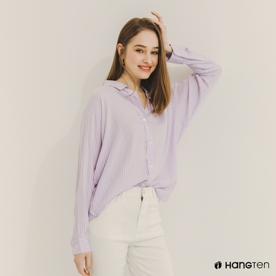 Hang Ten-女裝-RELAXED FIT條紋長袖襯衫-紫
