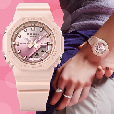 CASIO 卡西歐 G-SHOCK WOMEN 迷你農家橡樹 夏季日落精巧雙顯錶-粉 GMA-P2100SG-4A