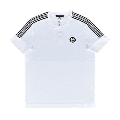 MK MICHAEL KORS橡膠圓標字母LOGO雙肩字母條紋設計純棉短袖T恤(男款/白x黑條紋)