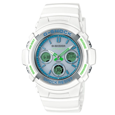 G-SHOCK白綠配色涼爽風格時尚太陽能電波錶(AWG-M100SWG-7/46.4mm