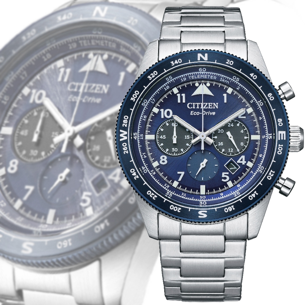 CITIZEN 星辰 Chronograph 光動能 碼錶計時三眼不鏽鋼腕錶-藍43mm(CA4554-84L 防水100米)