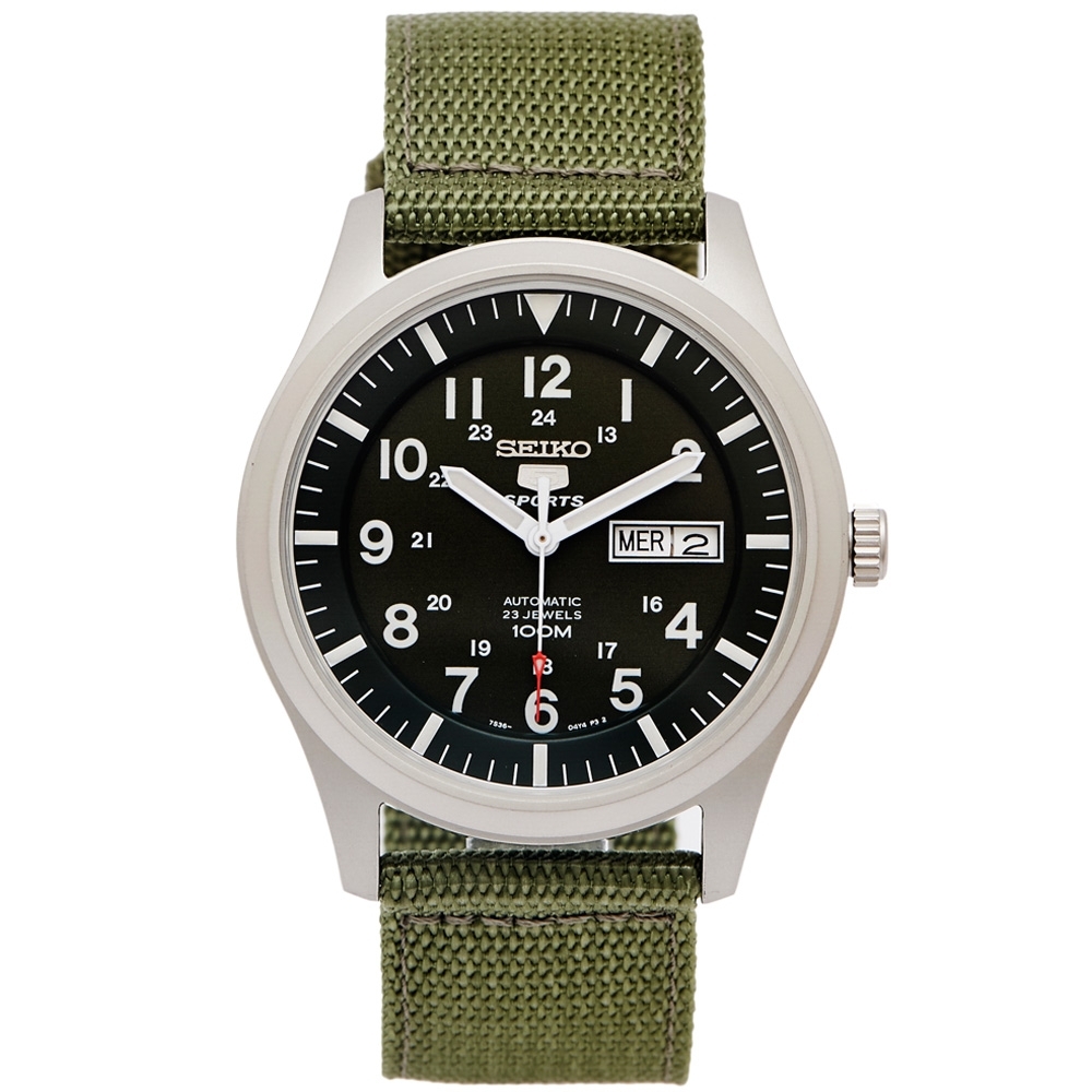 SEIKO 盾牌5號的帆布錶帶機械手錶(SNZG09K1)-綠面x綠色/42mm