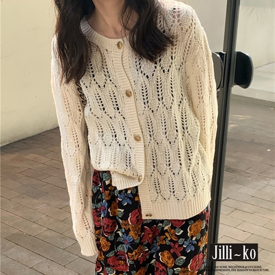 JILLI-KO 圓領單排扣甜美鏤空寬鬆針織外套- 杏/粉