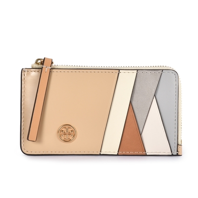 TORY BURCH Robinson 滑面拼接撞色皮革卡片證件夾拉鍊零錢包-杏色