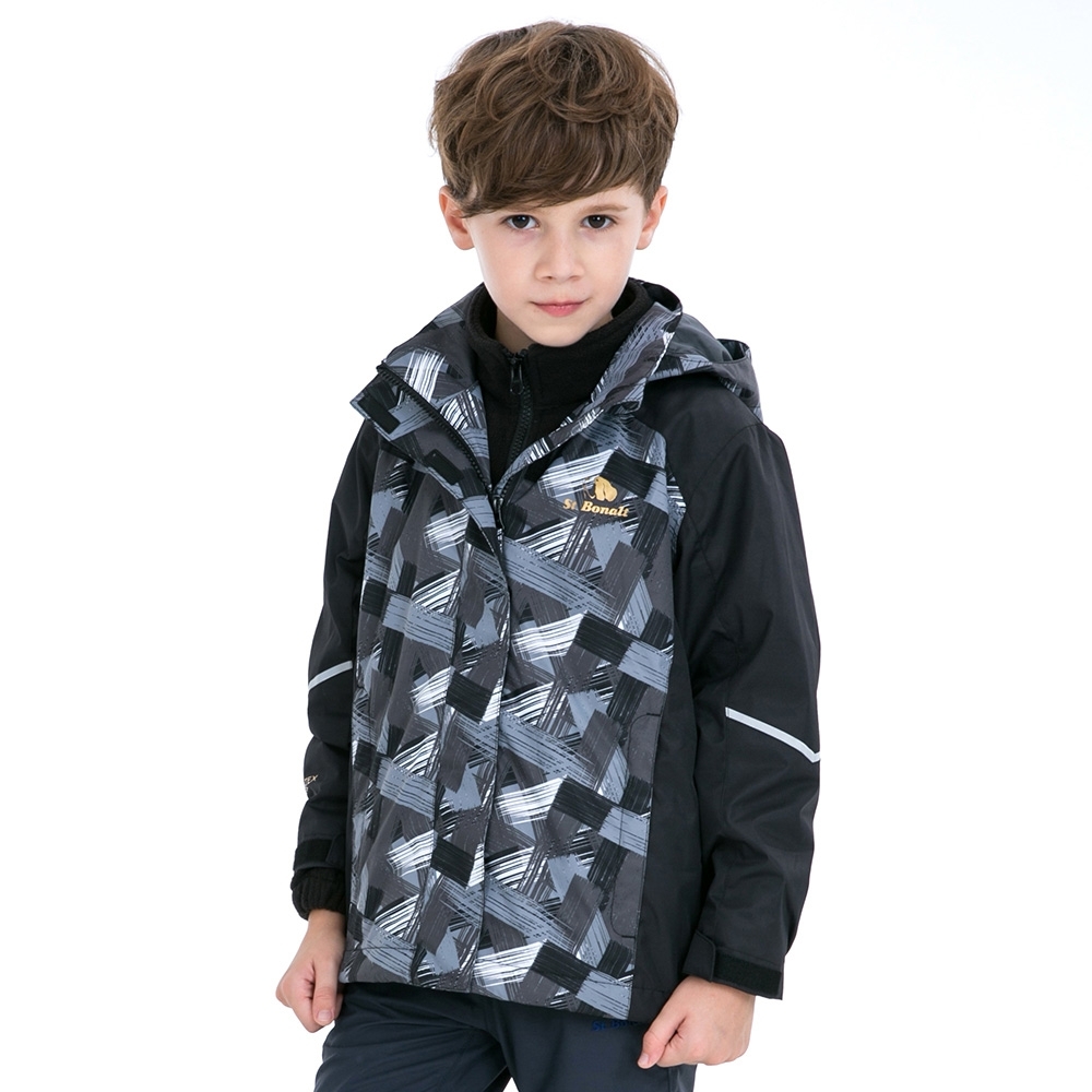 【St. Bonalt 聖伯納】童款兩件式4in1內刷毛衝鋒衣 (7062-黑色編紋) 防風 防水 保暖 透氣 耐磨