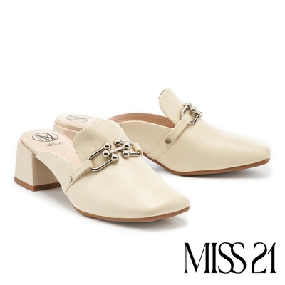 穆勒鞋 MISS 21 復古時尚造型釦方頭粗高跟穆勒拖鞋－米