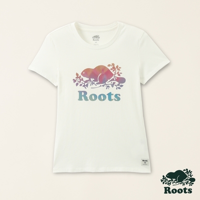Roots女裝-絕對經典系列 漸層海狸LOGO有機棉短袖T恤-白色
