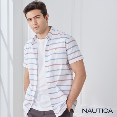 Nautica 男裝 清新橫條紋純棉短袖襯衫-白