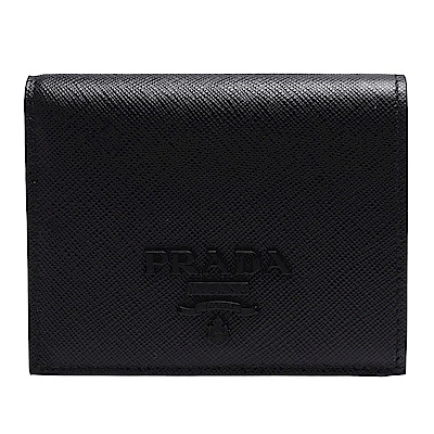 PRADA SAFFIANO SHINE系列黑色浮雕LOGO防刮牛皮暗釦短夾(黑)