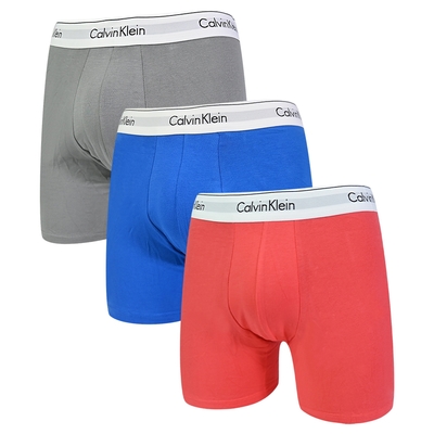 Calvin Klein Cotton Stretch 男內褲 高彈性棉質中長版合身四角褲/CK內褲-橘紅、藍、灰 三入組