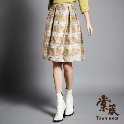 【TOWNWEAR棠葳】典雅立體格紋緹花中長裙(女下身/女下著/裙子/拉鍊/滿版/拼接/撞色/套裝)