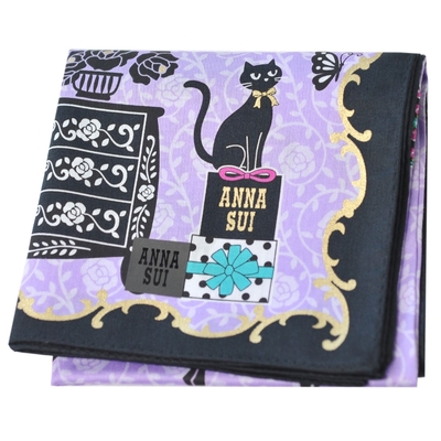 ANNA SUI 魔女之家可愛黑貓品牌字母LOGO帕領巾(紫色系)