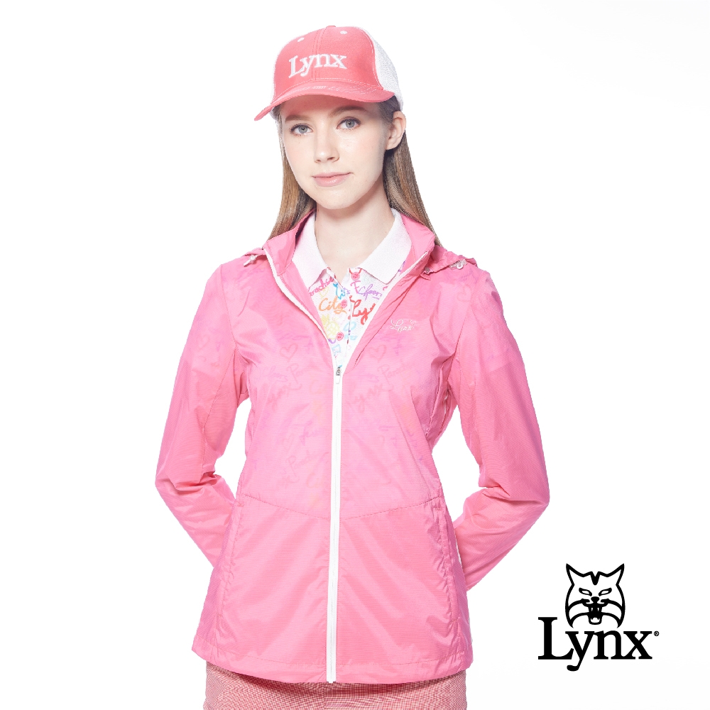 【Lynx Golf】女款抗UV輕量透氣拉鍊口袋脇邊剪裁設計可拆式連帽長袖外套-玫紅色