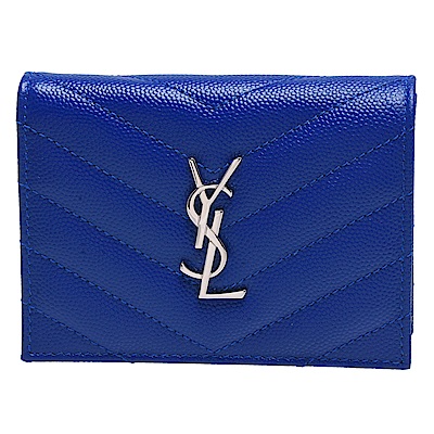 YSL MONOGRAM系列金色LOGO V字縫線魚子醬牛皮暗釦對折短夾(寶藍色)