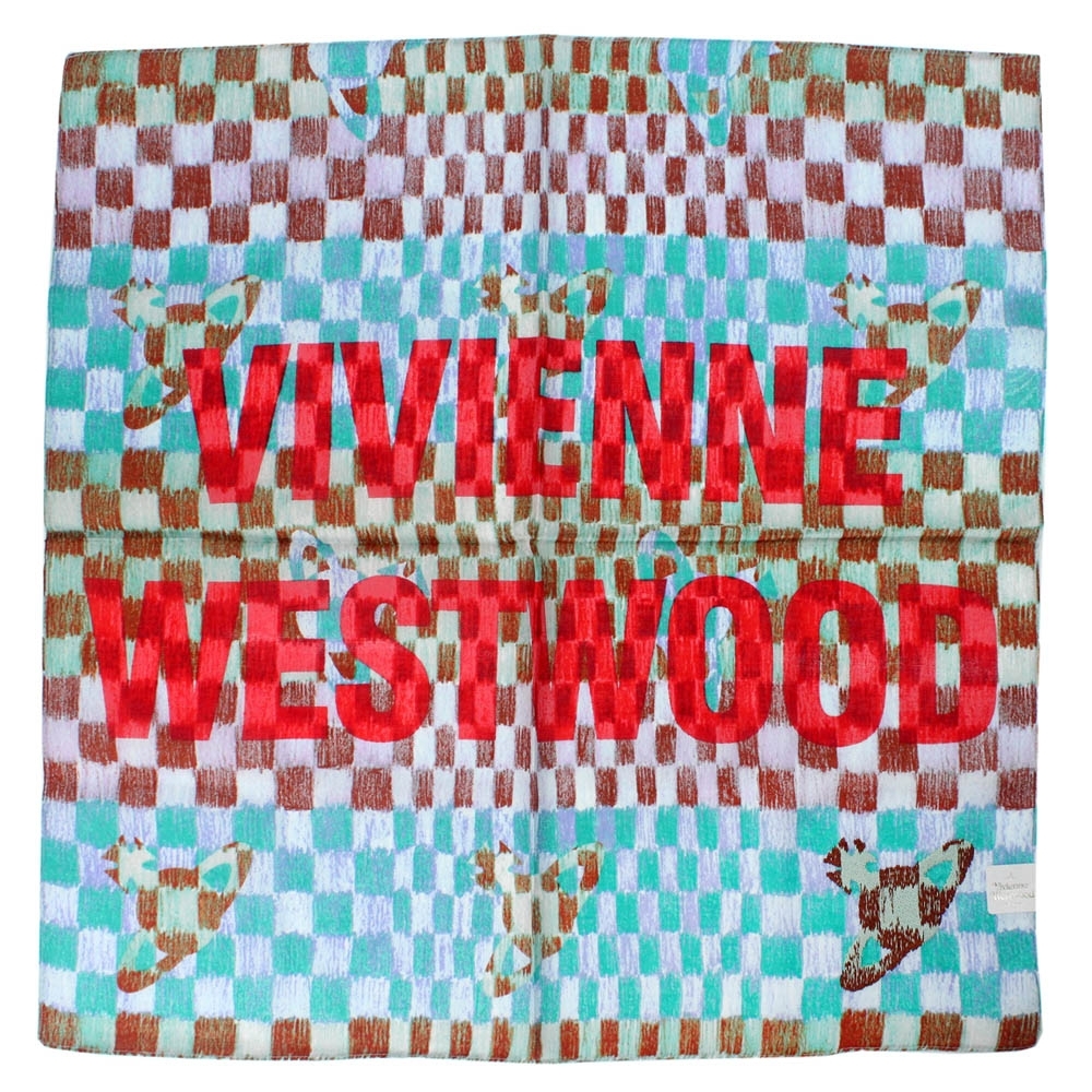 Vivienne Westwood   刺繡行星LOGO 馬賽克塗鴉底 純棉帕領巾(藍+咖)