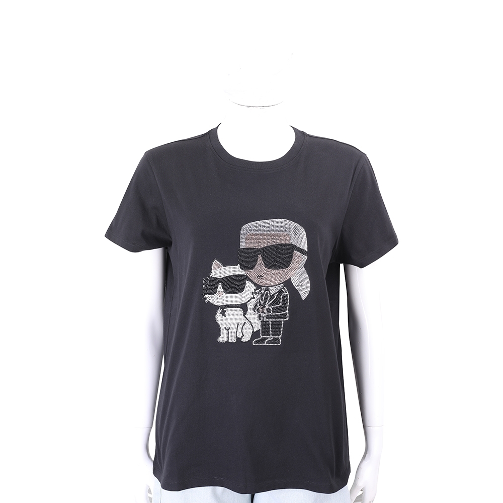 KARL LAGERFELD IKONIK 2.0 卡爾 老佛爺貓咪側身貼鑽黑色純棉短袖TEE T恤