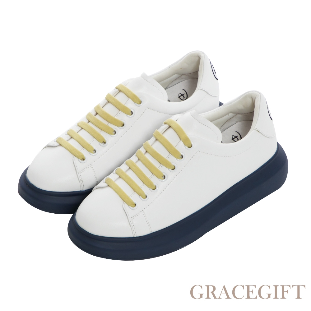 【Grace Gift】迪士尼唐老鴨款經典電繡後跟厚底小白鞋 白X藍