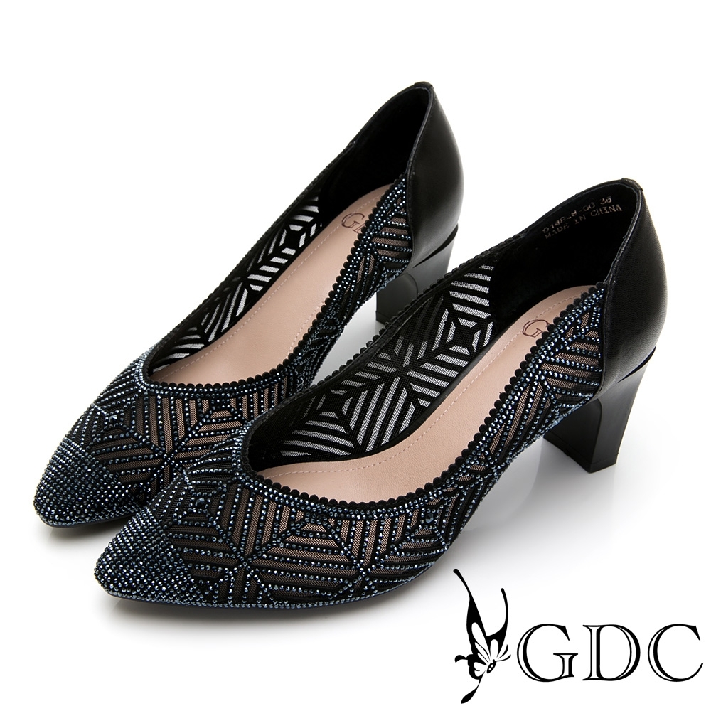 GDC-真皮細緻水鑽簍空宴會尖頭跟鞋-黑色