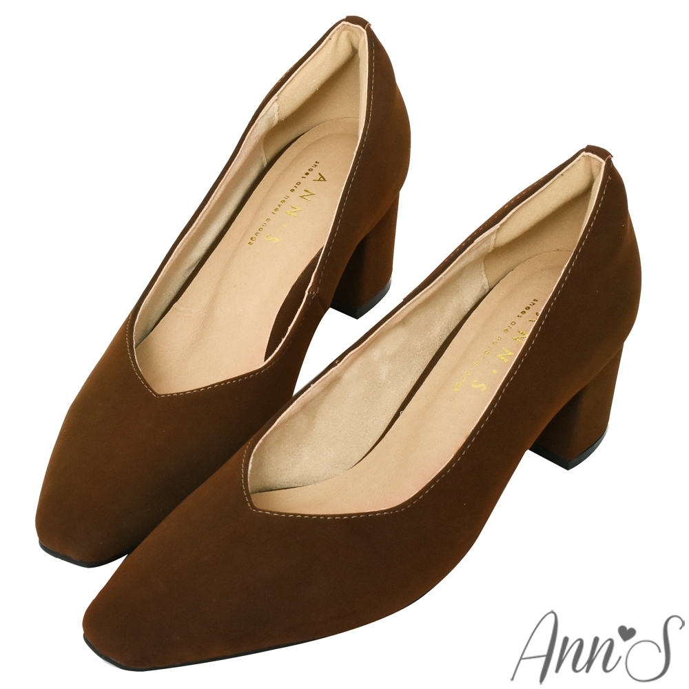 Ann’S天堂版型-顯瘦V口霧面純色粗跟方頭跟鞋-咖