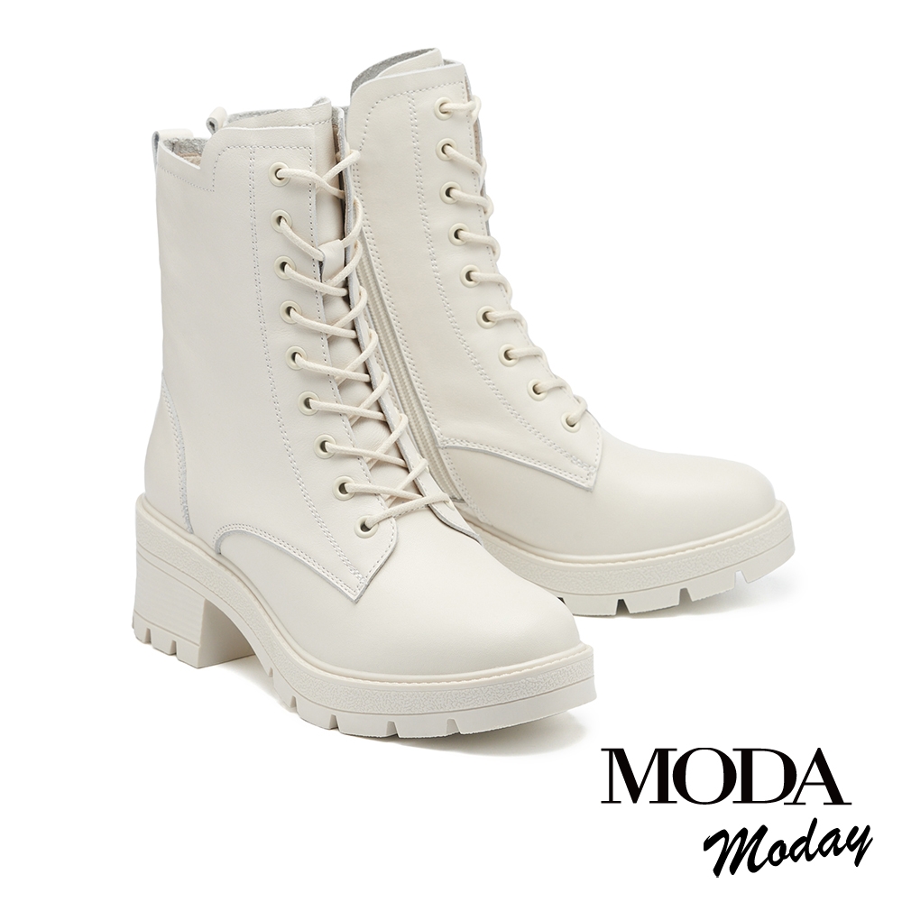 短靴 MODA MODAY 日常百搭拼接剪裁全真皮綁帶高跟短靴－白