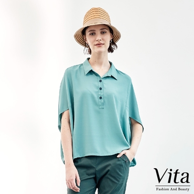 【Vita】純色翻領涼感不易皺七分袖半排扣上衣-藍綠