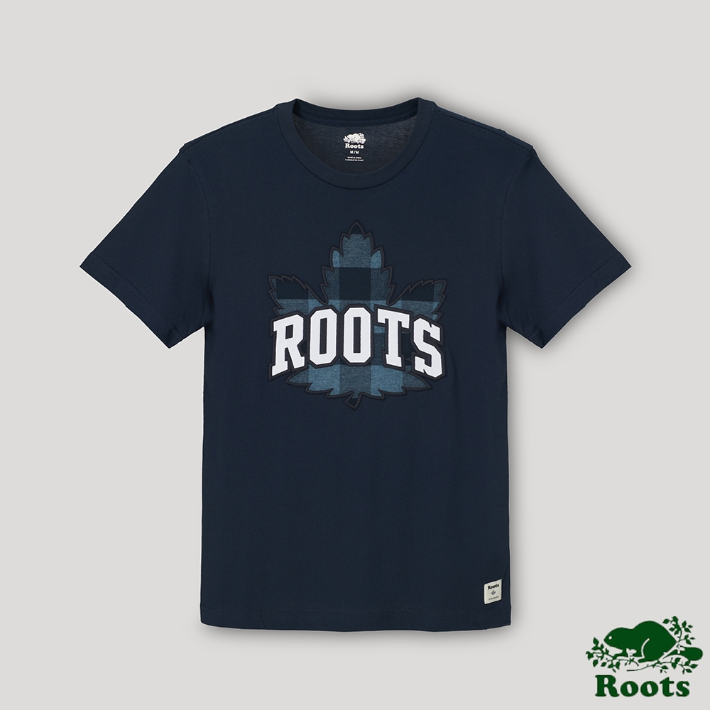 Roots男裝-格紋楓葉短袖T恤-藍色