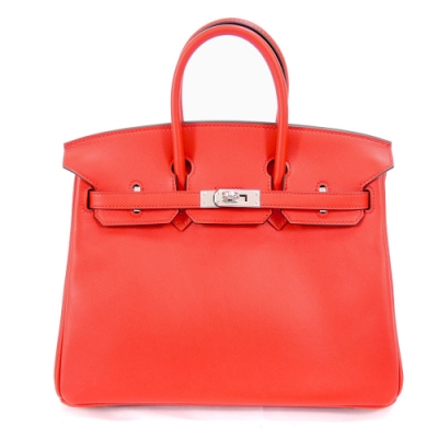 HERMES BIRKIN Swift牛皮柏金包( 25CM/S5番茄紅/銀釦)