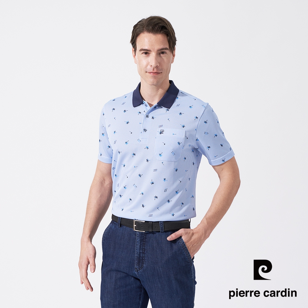 Pierre Cardin皮爾卡登 男款 吸濕排汗直條印花短袖polo衫-水藍色(5247206-35)