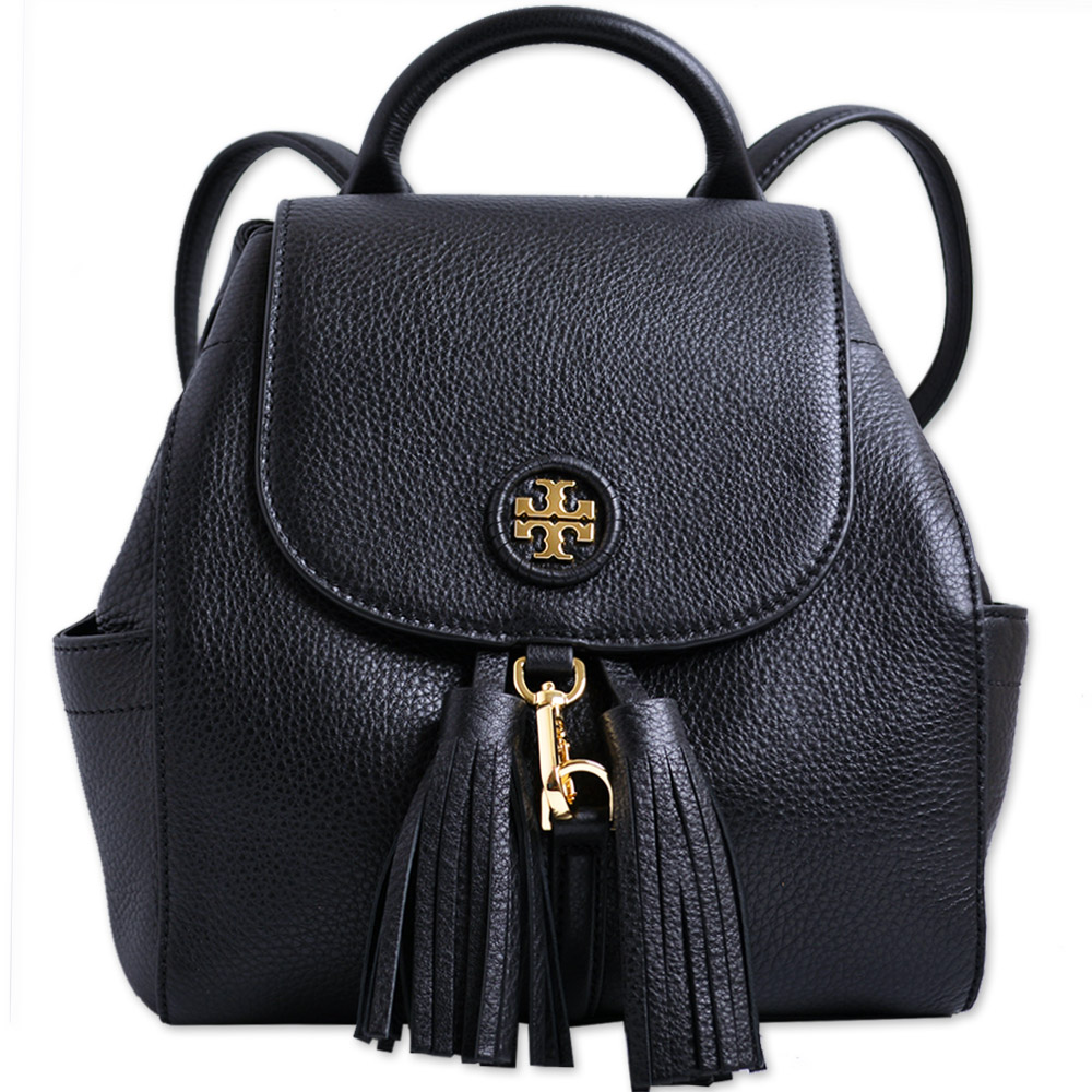 TORY BURCH WHIPSTITCH 流蘇飾荔枝紋精緻LOGO翻蓋束口後背包-黑色