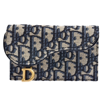 Dior Saddle系列經典OBLIQUE緹花布小牛皮飾邊翻蓋卡片/零錢包(藍色)