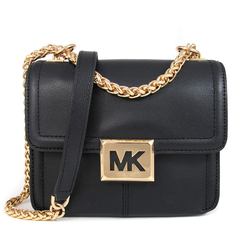 MICHAEL KORS Sonia 金字鏤空MK磁扣掀蓋皮革金鏈斜背包(黑色-小)