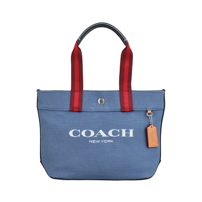 COACH 字母刺繡LOGO酒紅x紅提把設計帆布釦式手提包(小/牛仔藍)