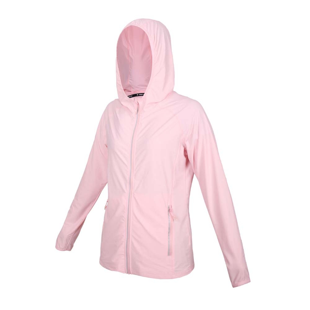 FIRESTAR 女彈性防曬連帽外套-涼感 運動 慢跑 路跑 上衣 JL175-43 粉紅銀