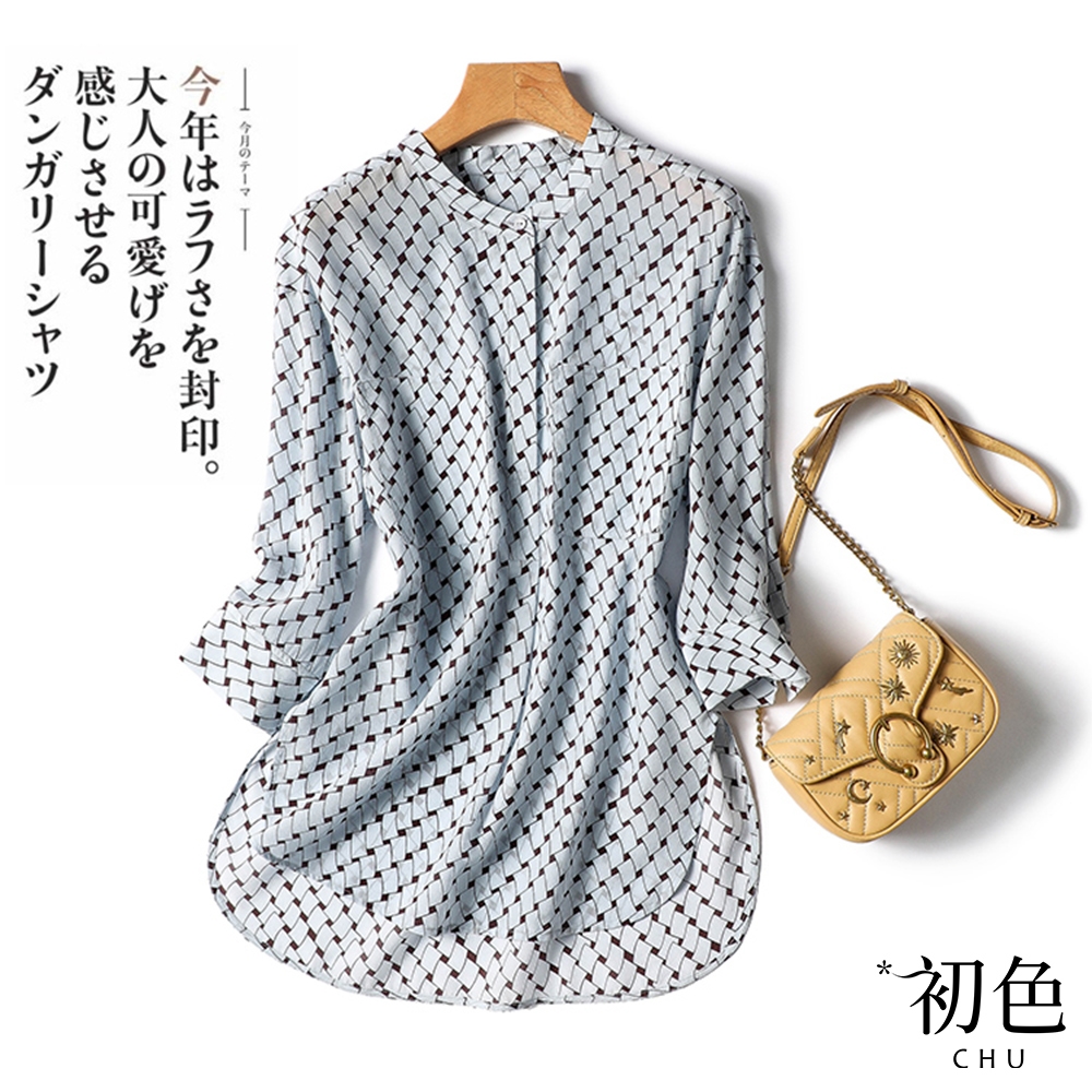 初色  氣質印花雪紡襯衫上衣-藍色-67685(M-2XL可選)