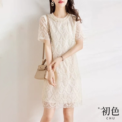 初色 輕薄寬鬆蕾絲釘珠圓領短袖連身裙連衣裙洋裝-杏色-69937(M-2XL可選)