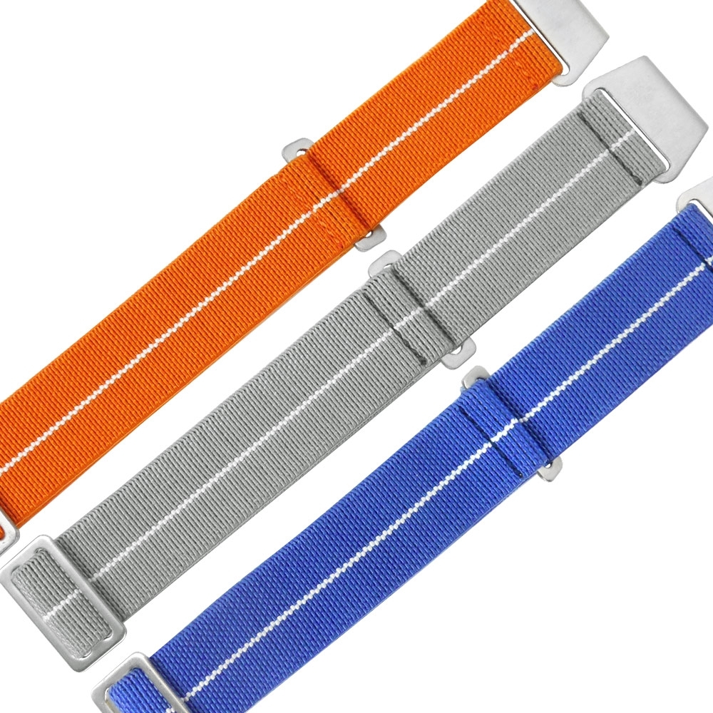 Watchband 各品牌通用 輕便柔軟 不鏽鋼扣頭 彈性尼龍錶帶-橘/灰/藍