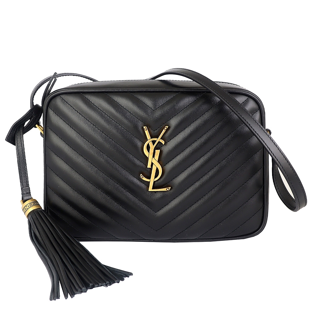 YSL MONOGRAM 黑色V型縫線牛皮金字拉鍊斜背包