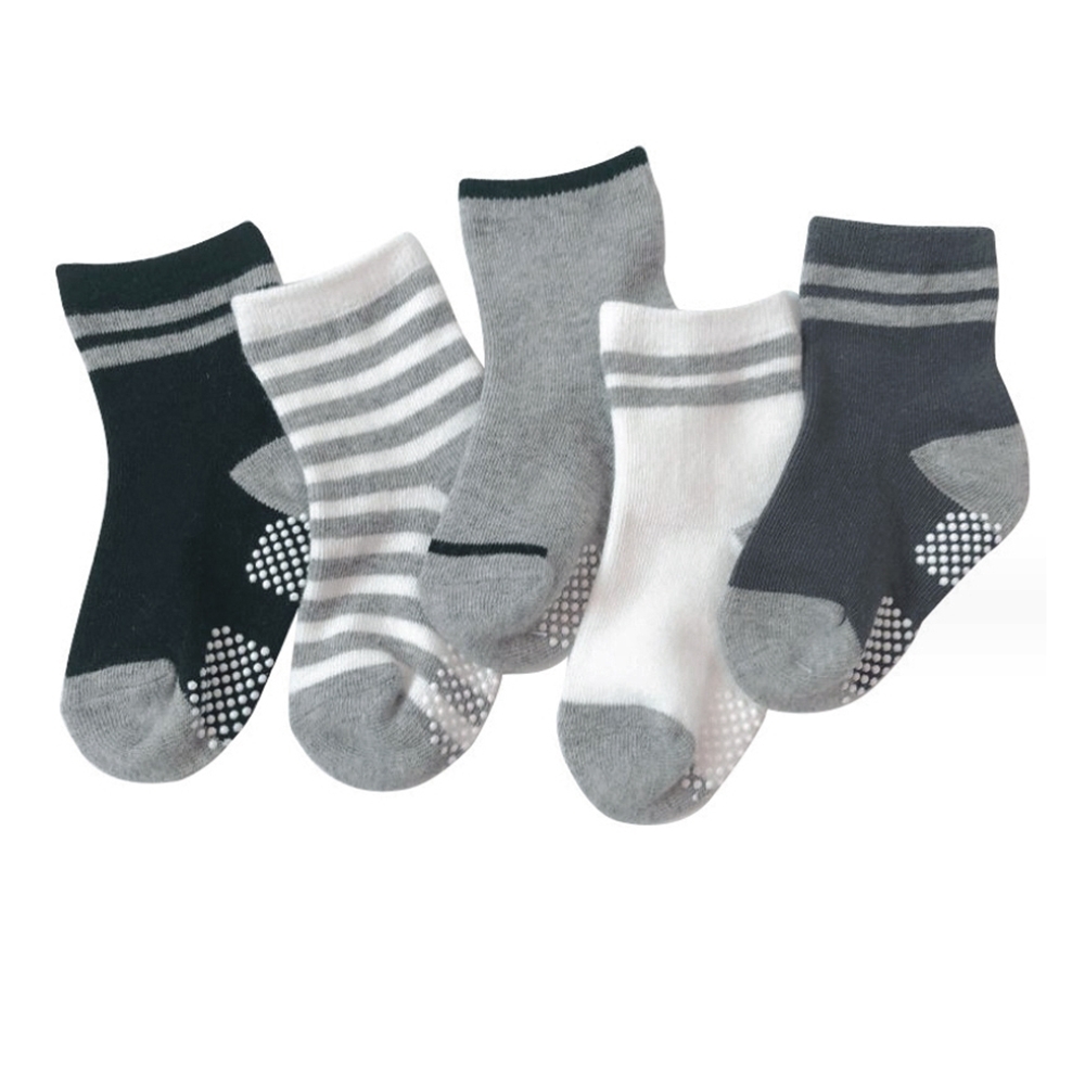 （5入）黑白灰雙條防滑膠點中筒襪 短襪 襪子 童襪 男童 中童 小童 兒童 童裝【BB6305】