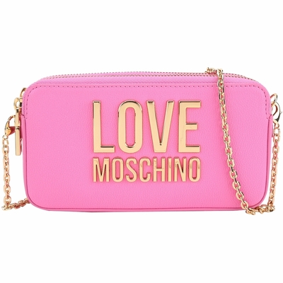 LOVE MOSCHINO 金字母荔紋皮可拆鍊帶斜背/手拿包(芭比粉)