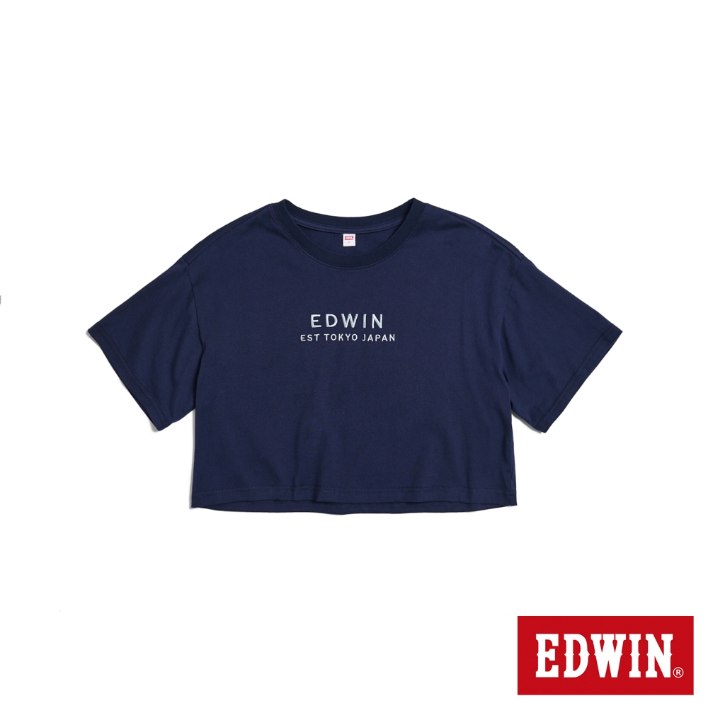EDWIN 簡約刺繡印花寬短版短袖T恤-女-丈青色