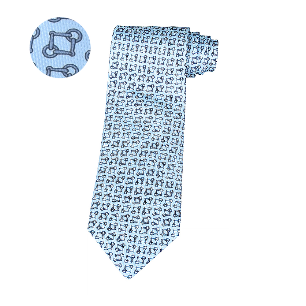 HERMES愛馬仕MORS EVER經典緹花LOGO幾何圖形設計蠶絲領帶(天空藍x灰藍)
