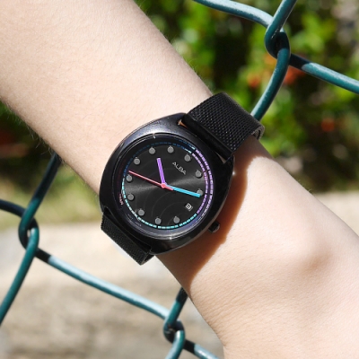 ALBA 跳色潮流 霓虹元素 日期 米蘭編織不鏽鋼手錶-鍍黑 /36mm